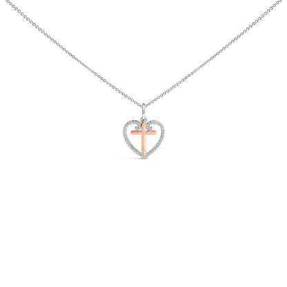 14K Rose Gold Plated Sterling Silver 1/5 Cttw Diamond Heart Cross Pendant Necklace Bids.com