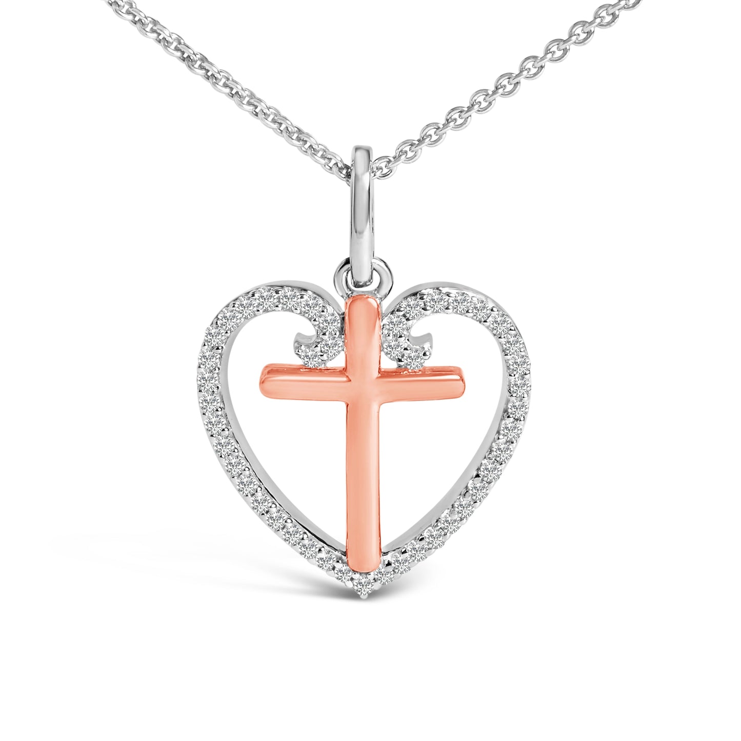 14K Rose Gold Plated Sterling Silver 1/5 Cttw Diamond Heart Cross Pendant Necklace Bids.com