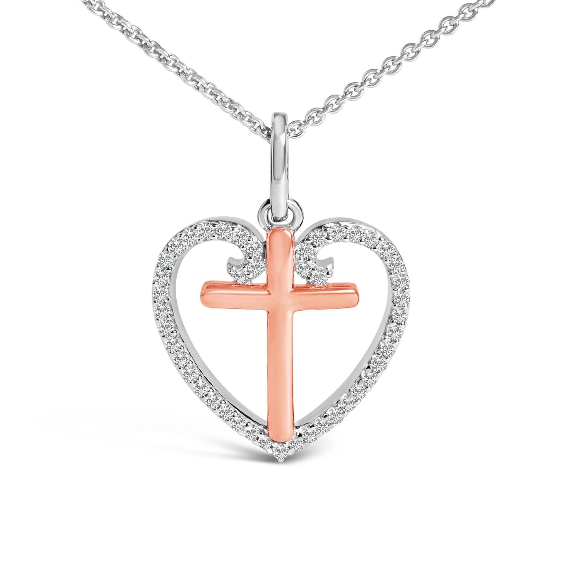 14K Rose Gold Plated Sterling Silver 1/5 Cttw Diamond Heart Cross Pendant Necklace Bids.com