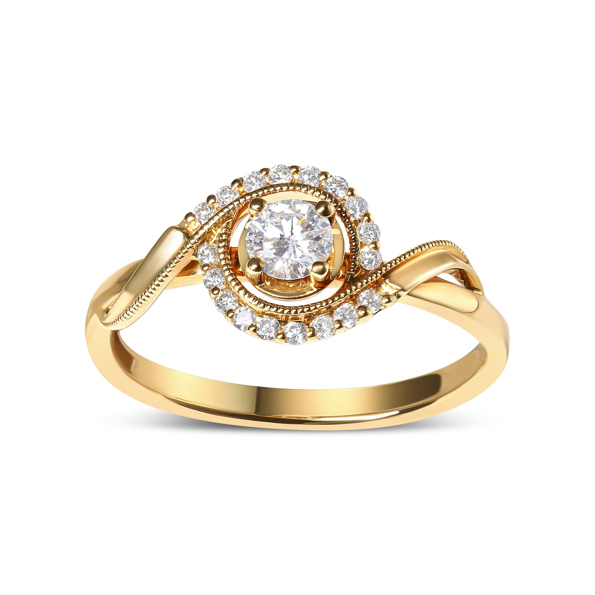 14K Yellow Gold 1/3 Cttw Diamond Solitaire and Halo Swirl Engagement Ring (G-H Color, VS2-SI1 Clarity)- Size 7 Bids.com