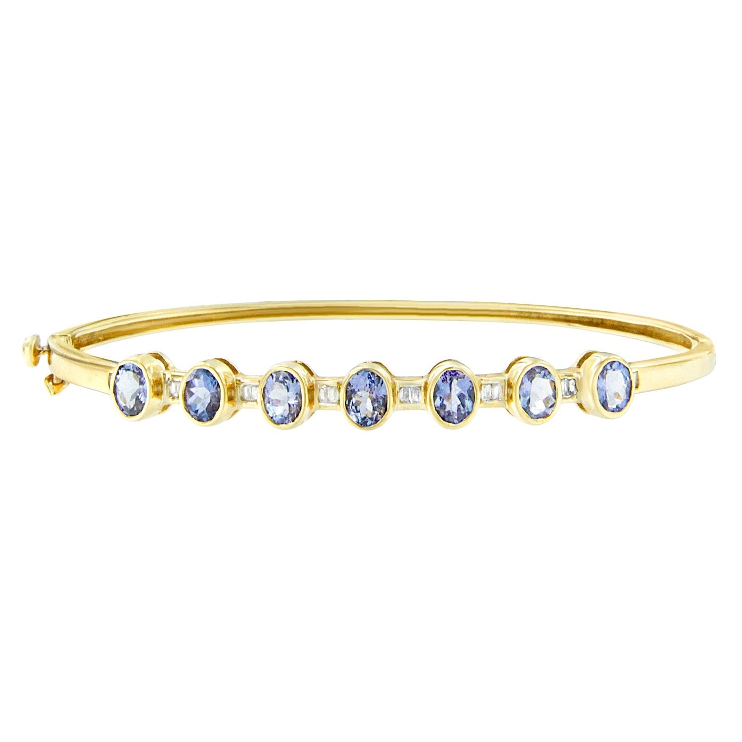 14K Yellow Gold Alternating Bezel Set 5MM Oval Shaped Tanzanite and 1/5 Cttw Diamond Bangle Bracelet (H-I Color, VS2-SI1 Clarity) - Fit's wrists up to 7.25" Inches Bids.com