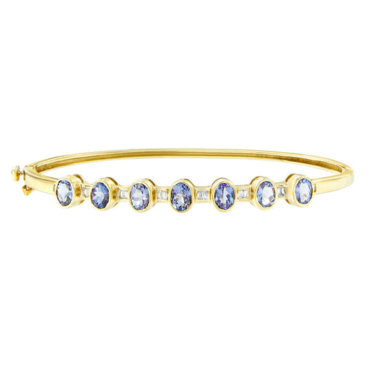 14K Yellow Gold Alternating Bezel Set 5MM Oval Shaped Tanzanite and 1/5 Cttw Diamond Bangle Bracelet (H-I Color, VS2-SI1 Clarity) - Fit's wrists up to 7.25" Inches Bids.com