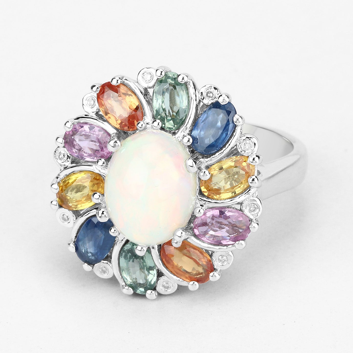 3.92 Carat Genuine Ethiopian Opal, Multi Sapphire and White Diamond .925 Sterling Silver Ring Bids.com