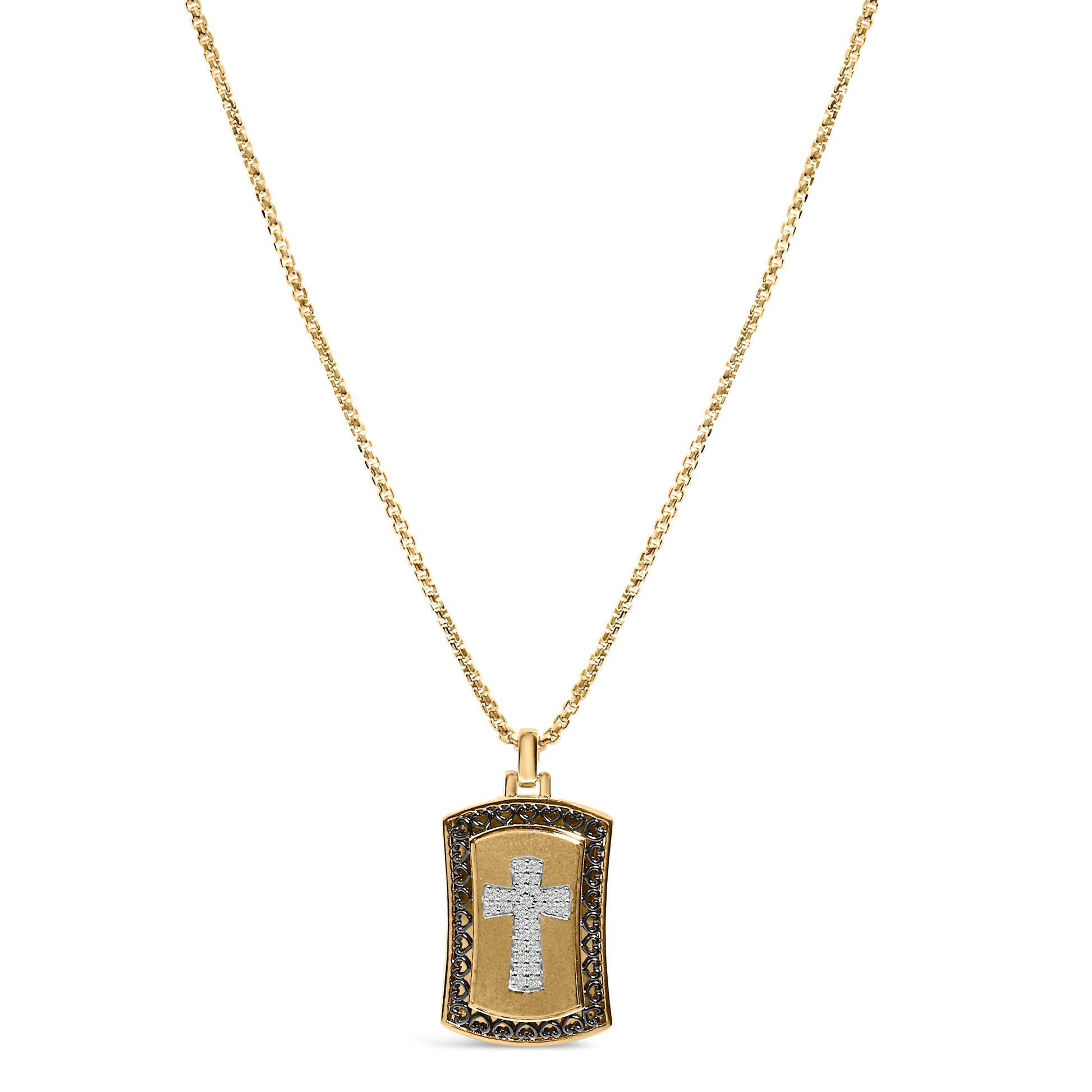 14K Yellow Gold Plated Sterling Silver 1/4 Cttw Diamond Cross Dog Tag Pendant Necklace Bids.com