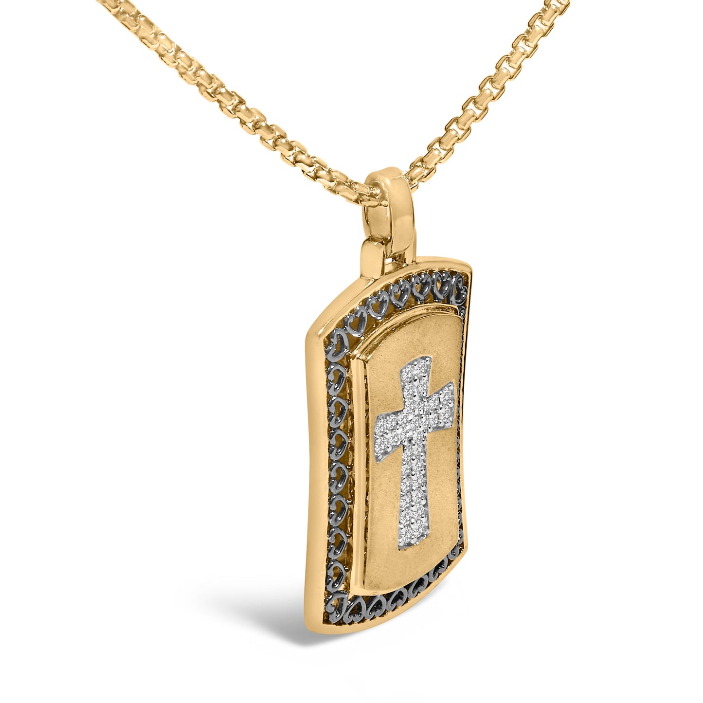 14K Yellow Gold Plated Sterling Silver 1/4 Cttw Diamond Cross Dog Tag Pendant Necklace Bids.com