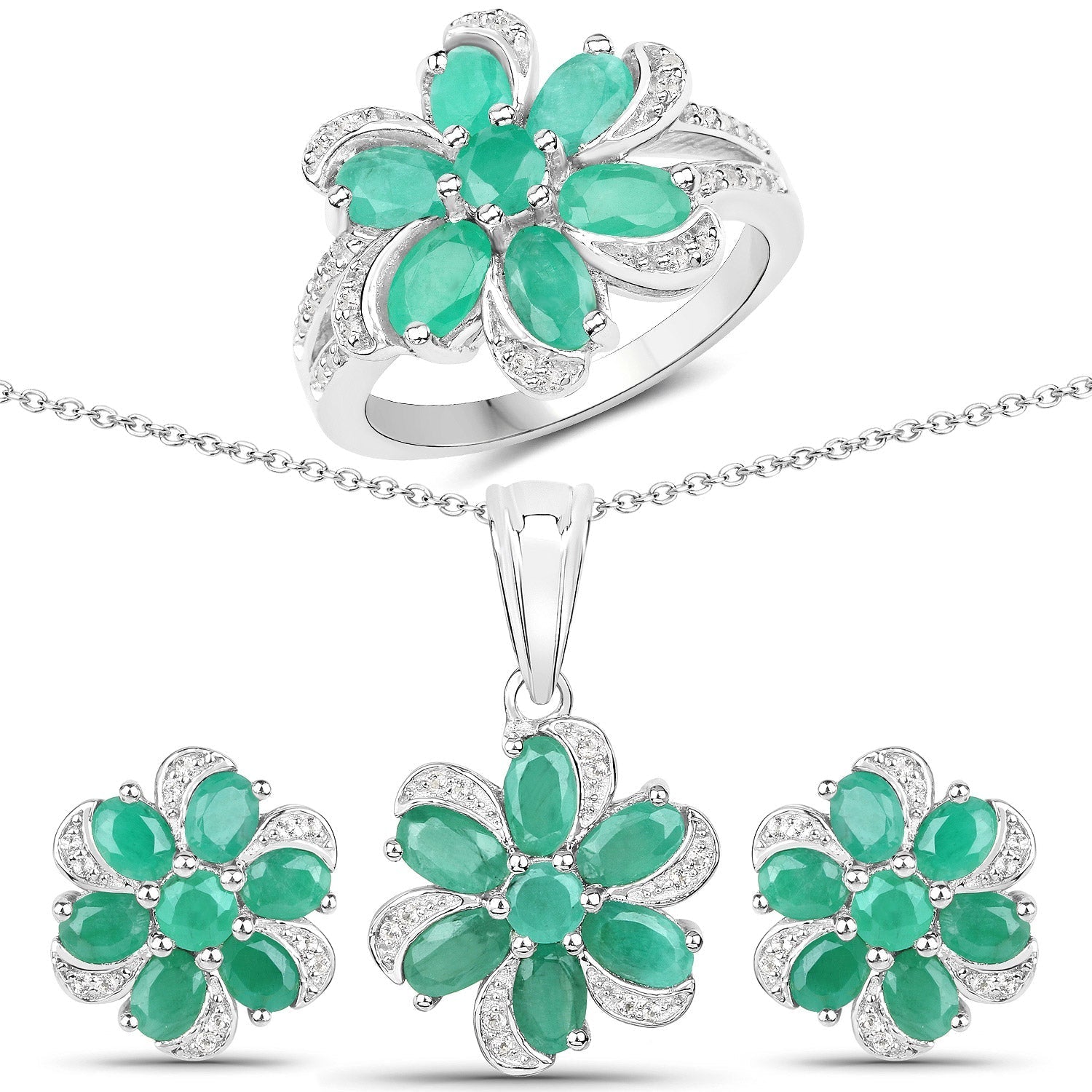 7.84 Carat Genuine Emerald and White Topaz .925 Sterling Silver 3 Piece Jewelry Set (Ring, Earrings, and Pendant w/ Chain) Bids.com