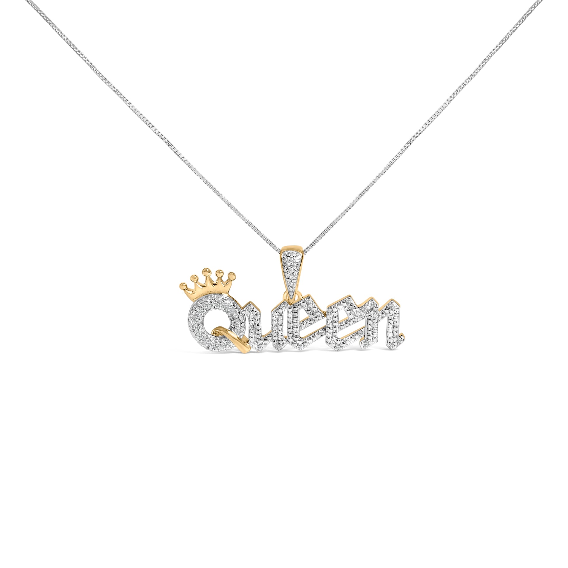 14K Yellow Gold Plated Sterling Silver 1/10 Cttw Diamond â€œQueenâ€ Nameplate Pendant Necklace Bids.com
