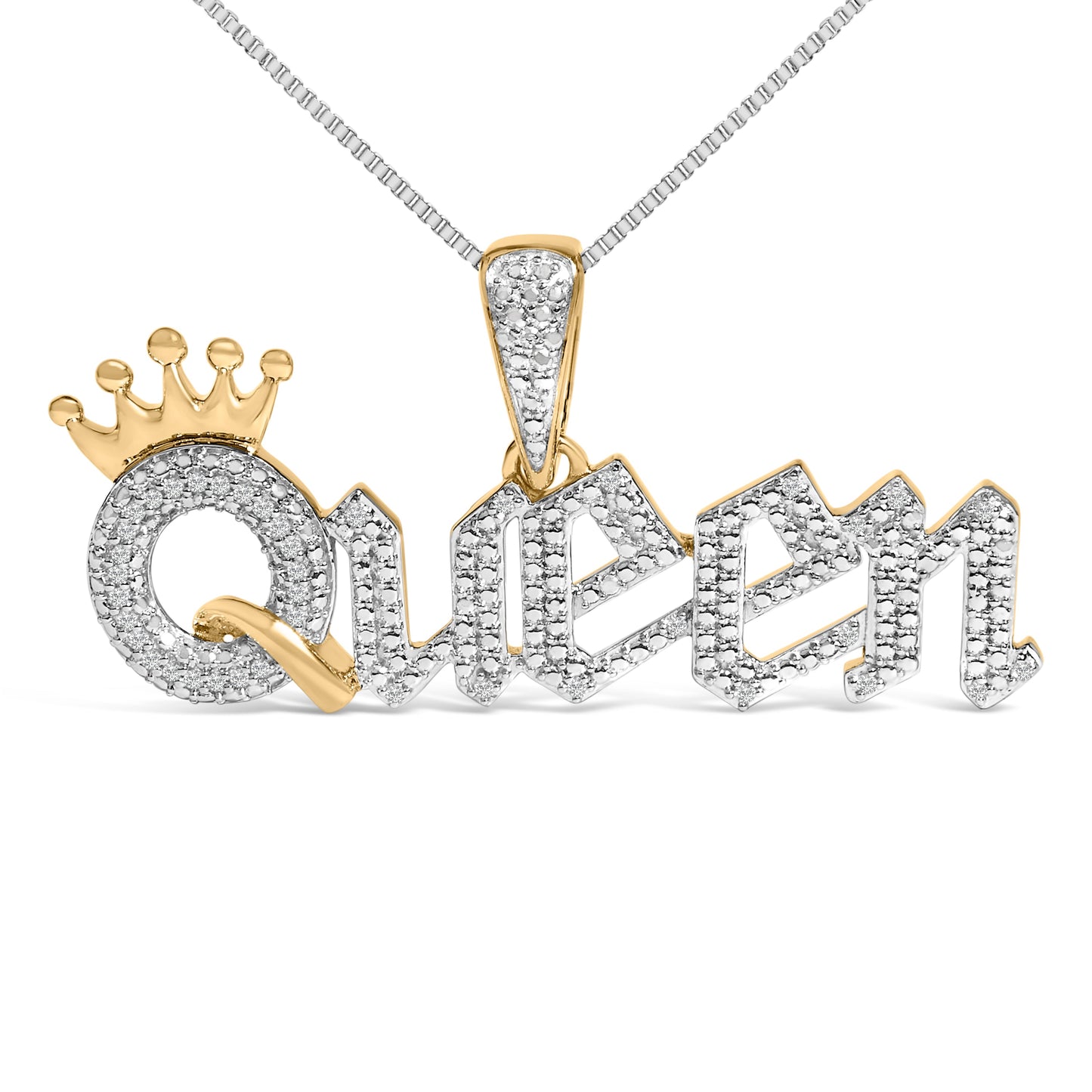 14K Yellow Gold Plated Sterling Silver 1/10 Cttw Diamond â€œQueenâ€ Nameplate Pendant Necklace Bids.com