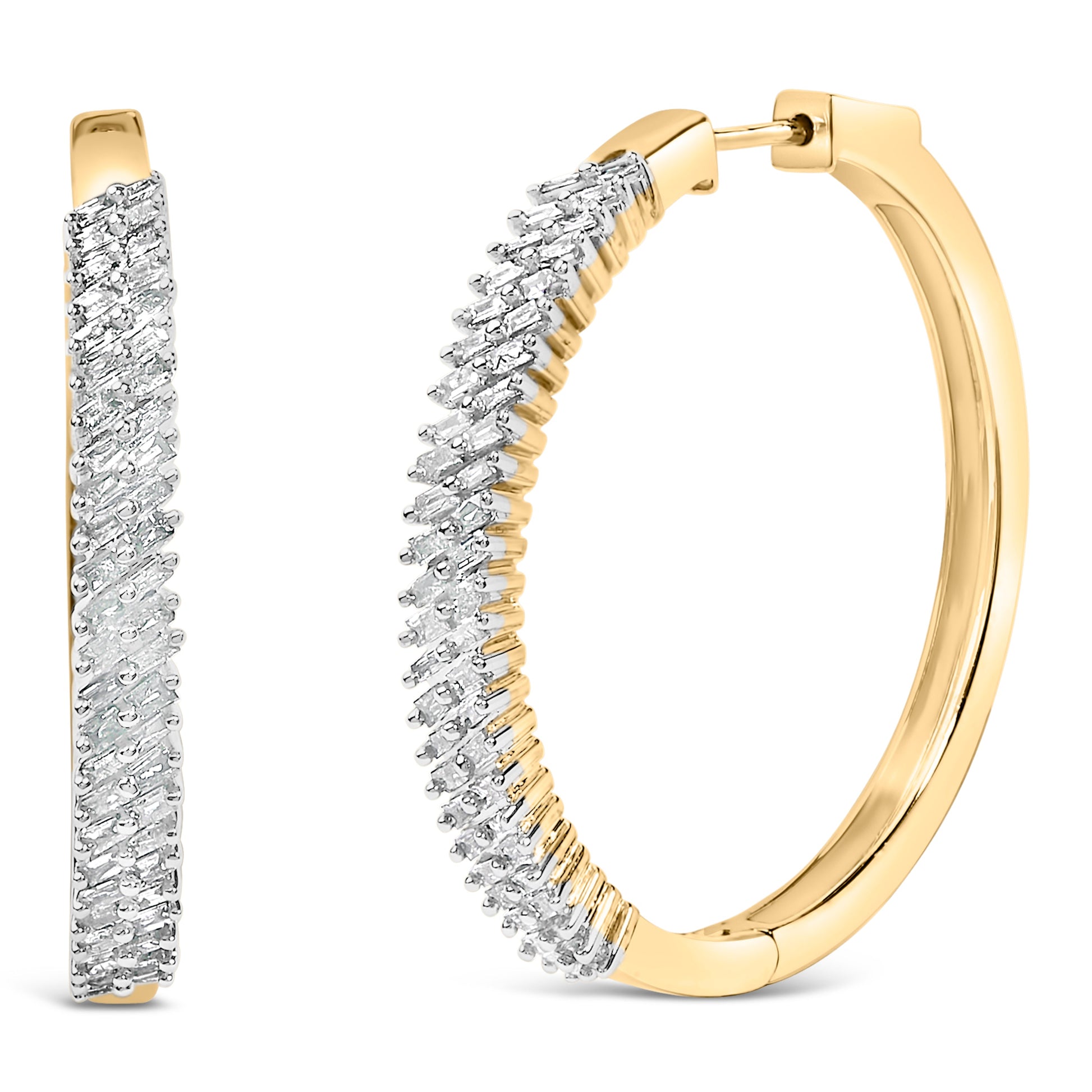 14K Yellow Gold Plated .925 Sterling Silver 1.0 Cttw Baguette Diamond Hoop Earrings Bids.com