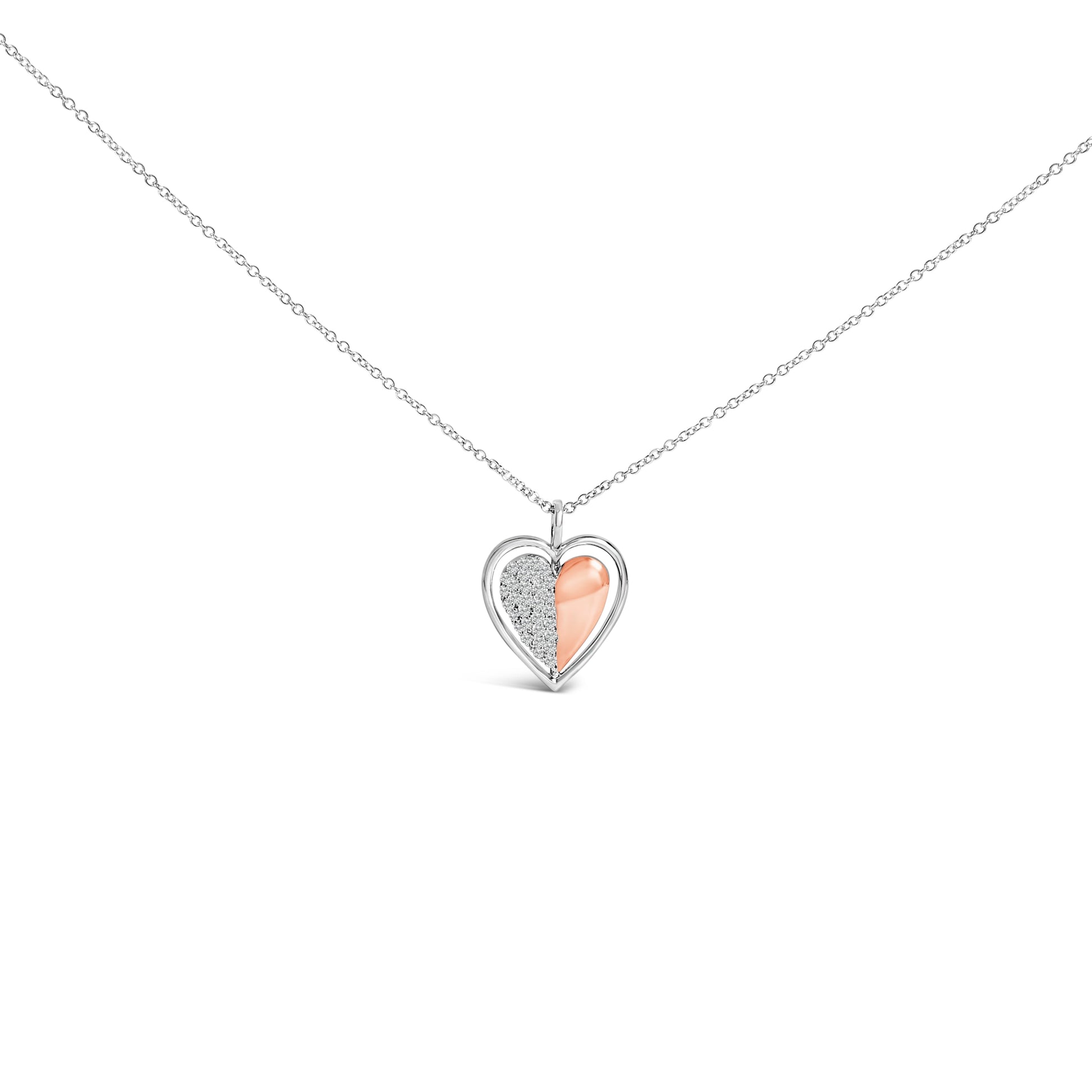 10K Rose Gold Plated Sterling Silver 1/5 Cttw Diamond Two-Tone Heart Pendant Necklace Bids.com