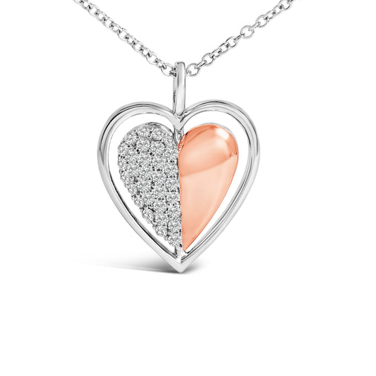 10K Rose Gold Plated Sterling Silver 1/5 Cttw Diamond Two-Tone Heart Pendant Necklace Bids.com