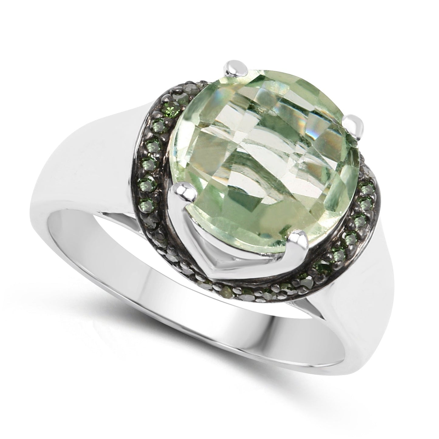 3.95 Carat Genuine Green Amethyst and Green Diamond .925 Sterling Silver Ring Bids.com