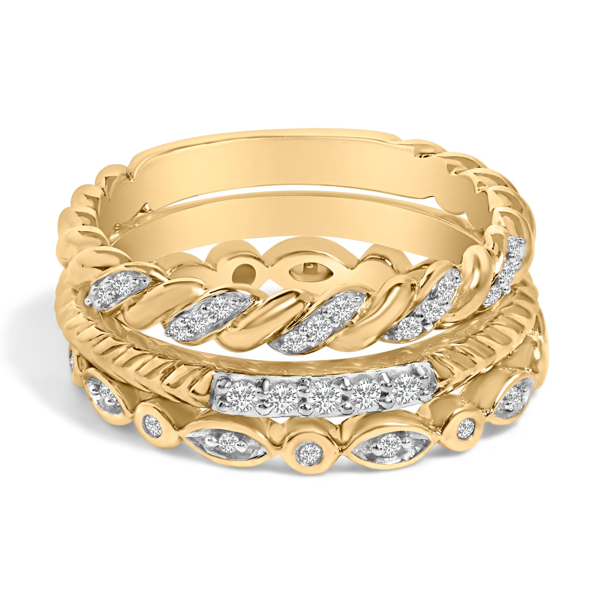 14K Yellow Gold Plated Sterling Silver 1/4 Cttw Diamond Twist Leaf Stackable Ring Set Bids.com