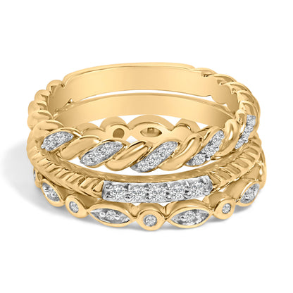 14K Yellow Gold Plated Sterling Silver 1/4 Cttw Diamond Twist Leaf Stackable Ring Set Bids.com