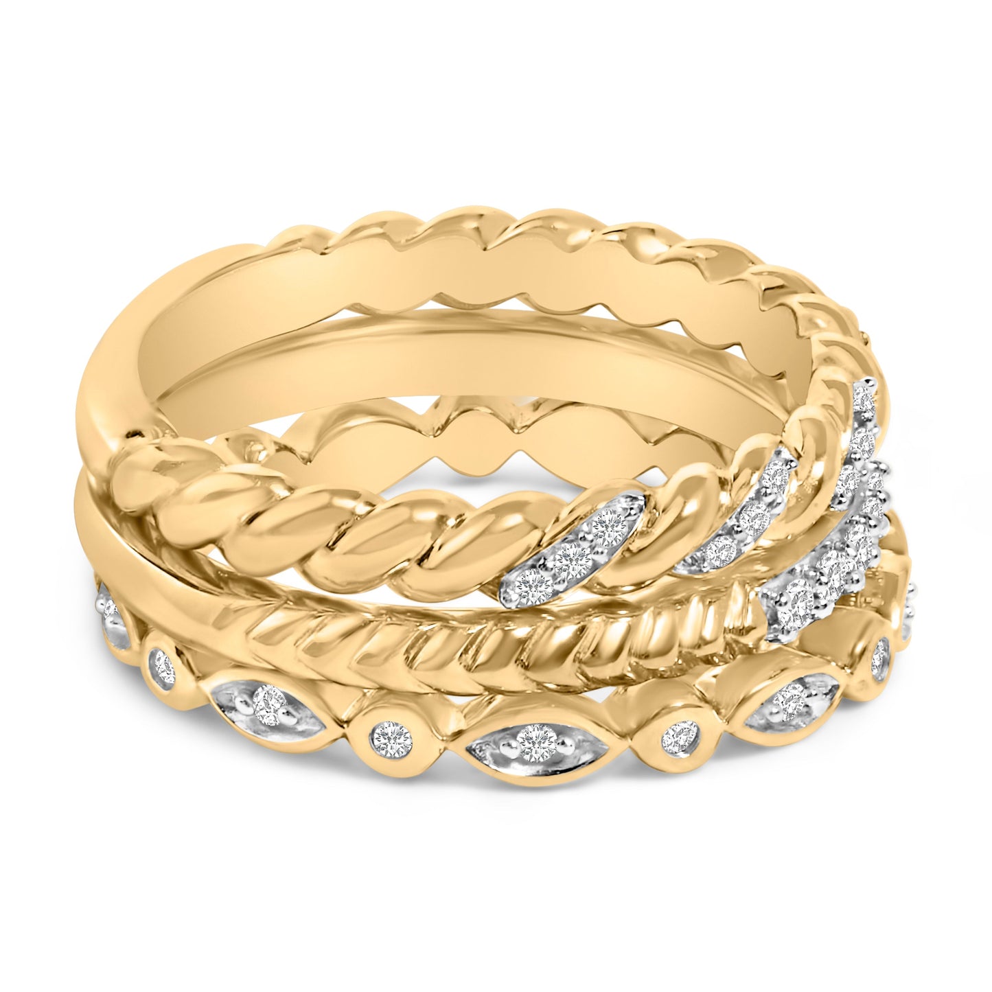 14K Yellow Gold Plated Sterling Silver 1/4 Cttw Diamond Twist Leaf Stackable Ring Set Bids.com
