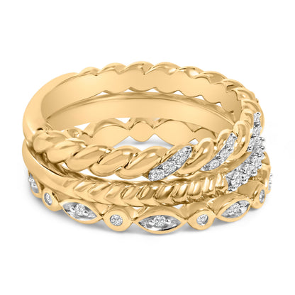 14K Yellow Gold Plated Sterling Silver 1/4 Cttw Diamond Twist Leaf Stackable Ring Set Bids.com