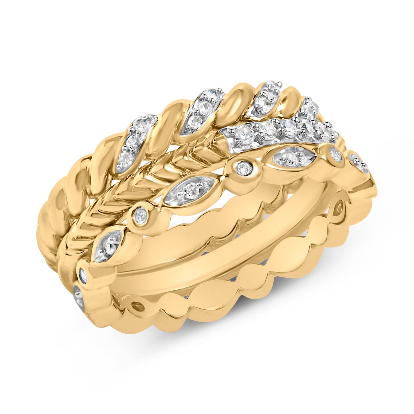 14K Yellow Gold Plated Sterling Silver 1/4 Cttw Diamond Twist Leaf Stackable Ring Set Bids.com