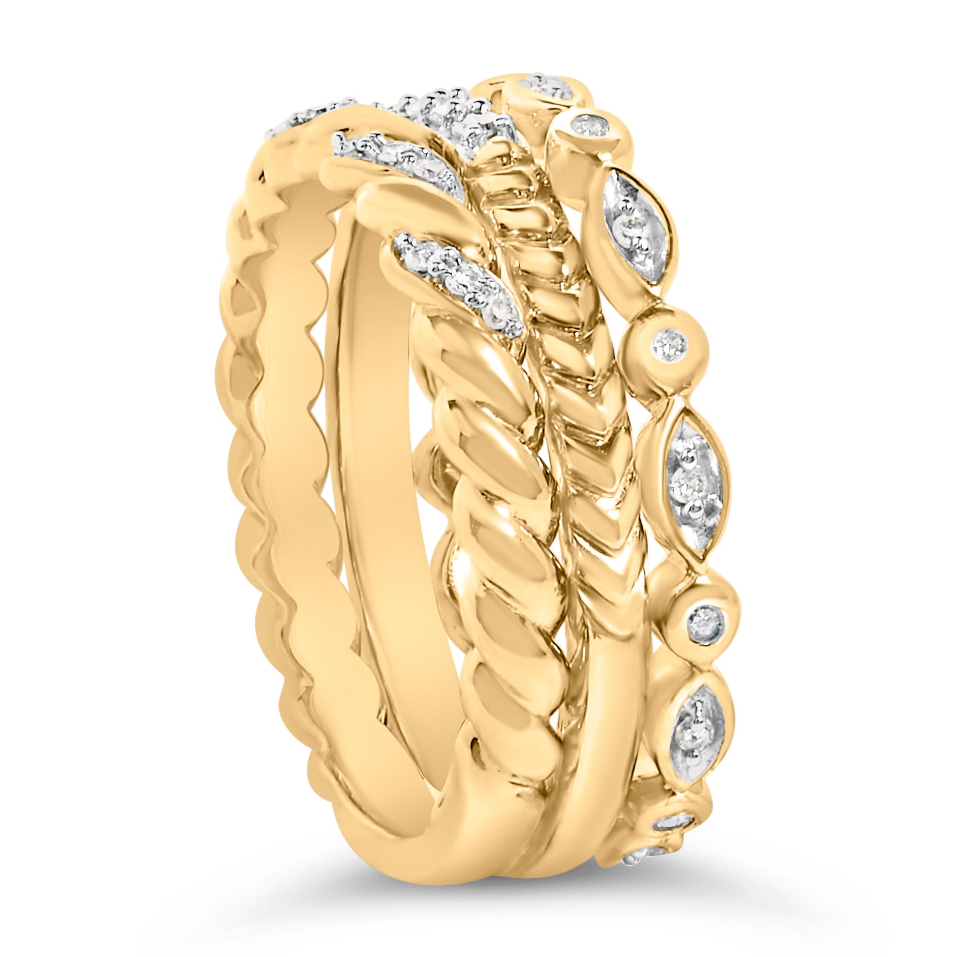 14K Yellow Gold Plated Sterling Silver 1/4 Cttw Diamond Twist Leaf Stackable Ring Set Bids.com