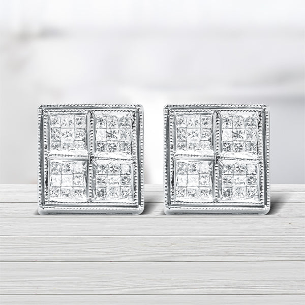 14K White Gold 1/2 Cttw Princess Diamond Composite Box Shape Milgrain Stud Earrings (H-I Color, SI1-SI2 Clarity) Bids.com