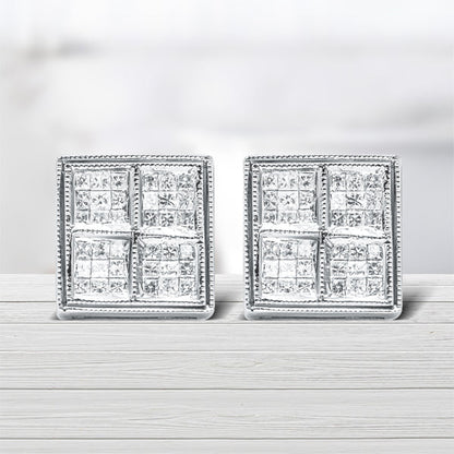 14K White Gold 1/2 Cttw Princess Diamond Composite Box Shape Milgrain Stud Earrings (H-I Color, SI1-SI2 Clarity) Bids.com