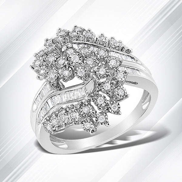 10K White Gold 1/2 Cttw Round and Baguette-Cut "S" Shaped Bypass Cocktail Ring (I-J Color, I1-I2 Clarity) - Size 7 Bids.com