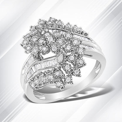10K White Gold 1/2 Cttw Round and Baguette-Cut "S" Shaped Bypass Cocktail Ring (I-J Color, I1-I2 Clarity) - Size 7 Bids.com
