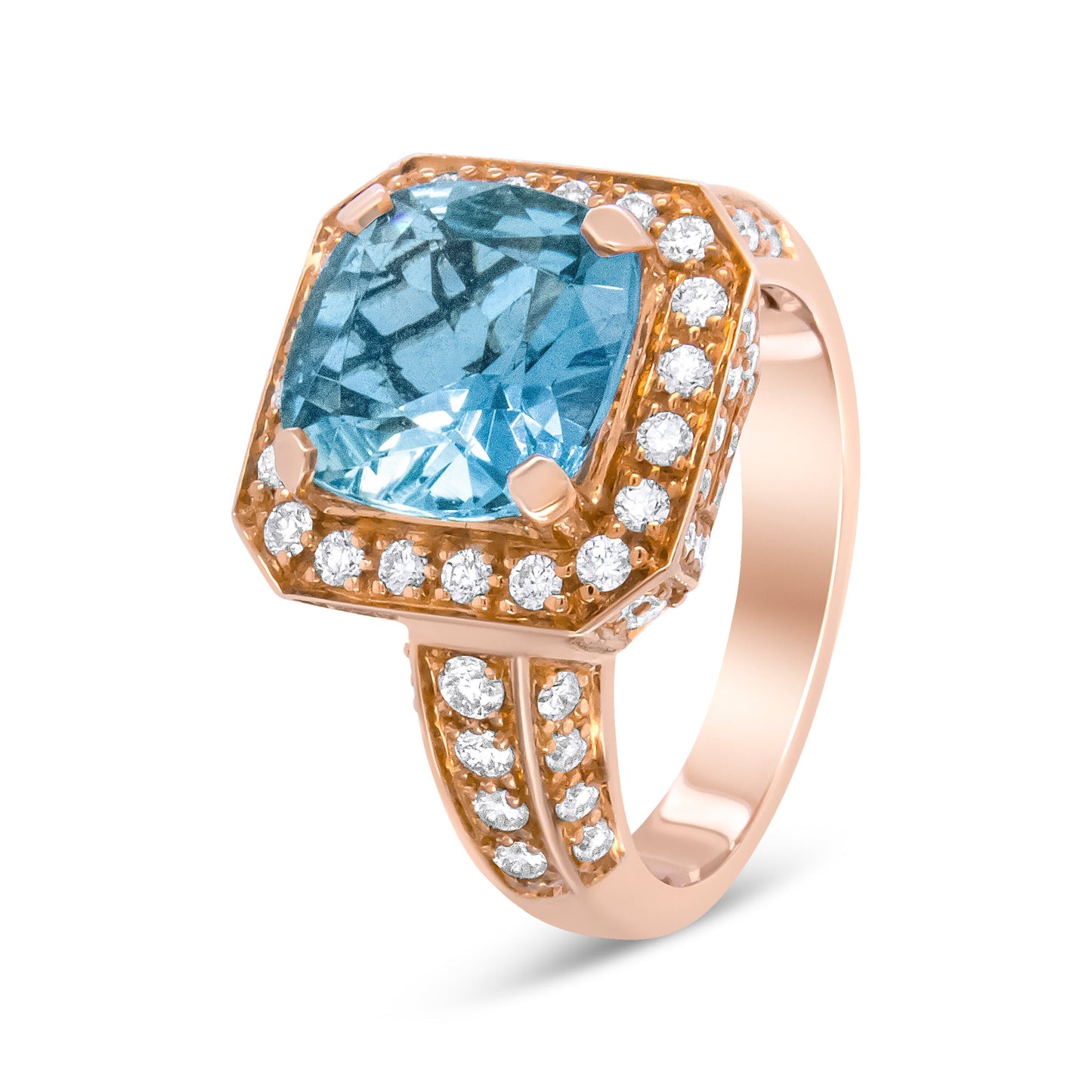 18K Rose Gold 10x10mm Cushion Shaped Aquamarine and 1 1/8 Cttw Round Diamond Halo Ring (F-G Color, VS1-VS2 Clarity) - Ring Size 6.5 Bids.com