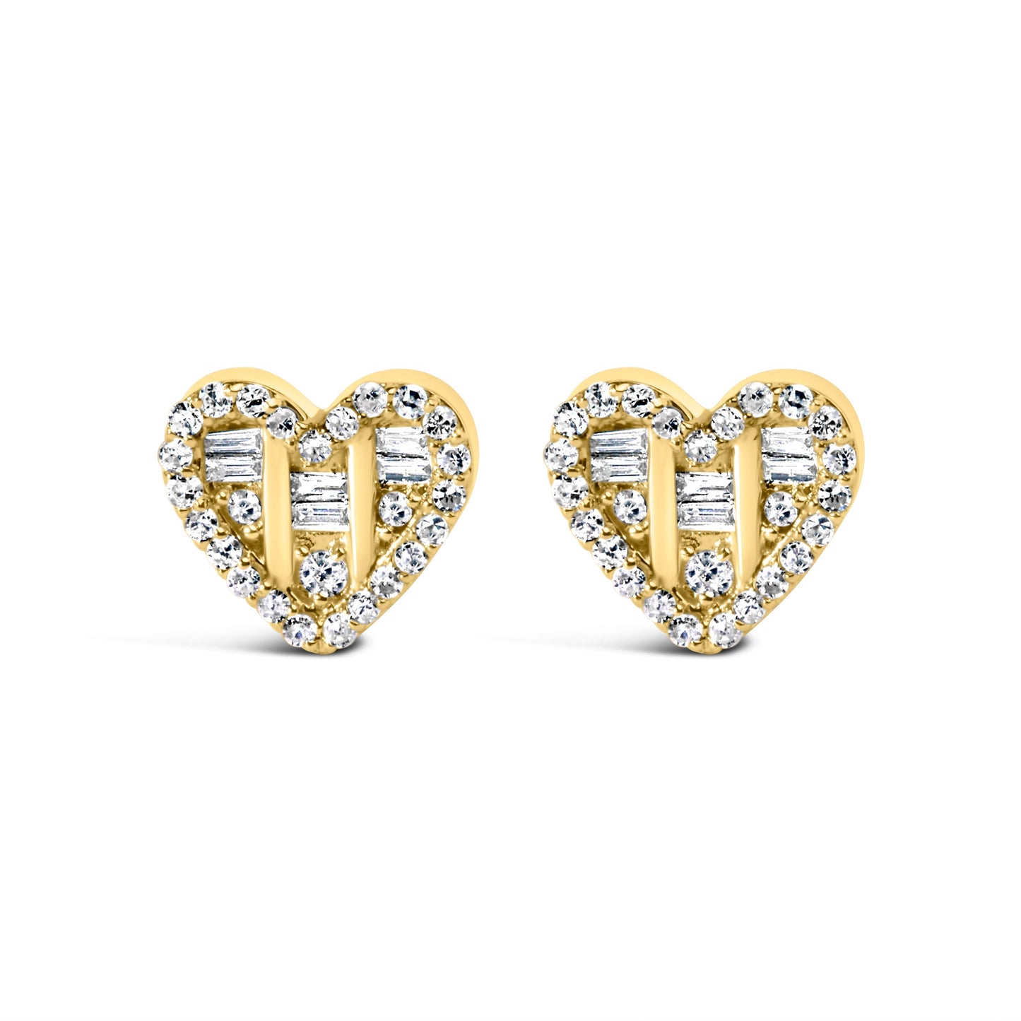 14K Yellow Gold Plated .925 Sterling Silver 1/2 Cttw Round and Baguette Diamond Composite Heart Shaped Stud Earring (I-J Color, SI2-I1 Clarity) Bids.com