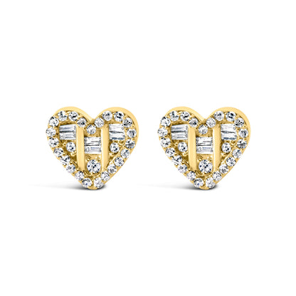 14K Yellow Gold Plated .925 Sterling Silver 1/2 Cttw Round and Baguette Diamond Composite Heart Shaped Stud Earring (I-J Color, SI2-I1 Clarity) Bids.com