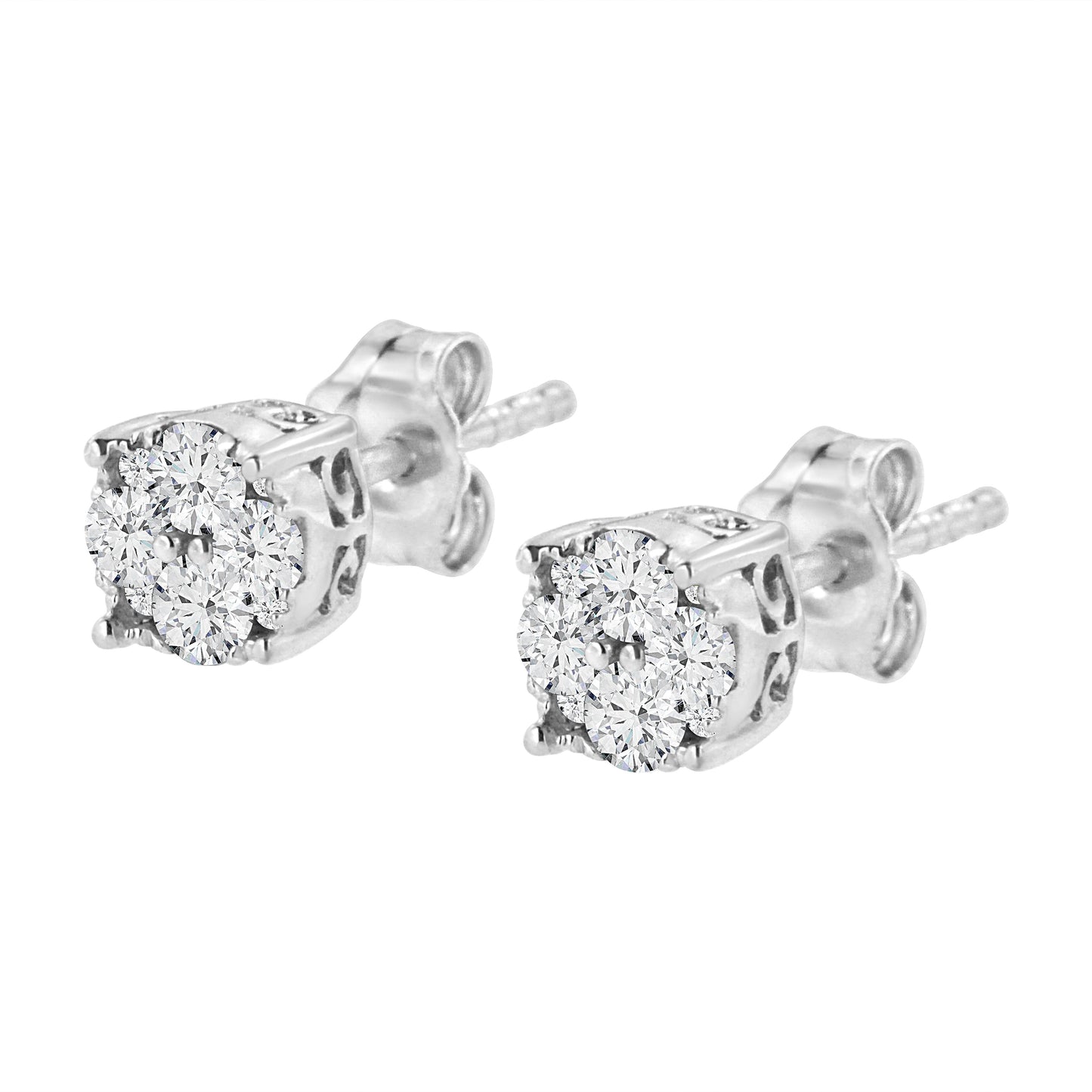 .925 Sterling Silver 1/2 cttw Prong Set Round-Cut Diamond Cluster Stud Earring (I-J Color, I2-I3 Clarity) Bids.com