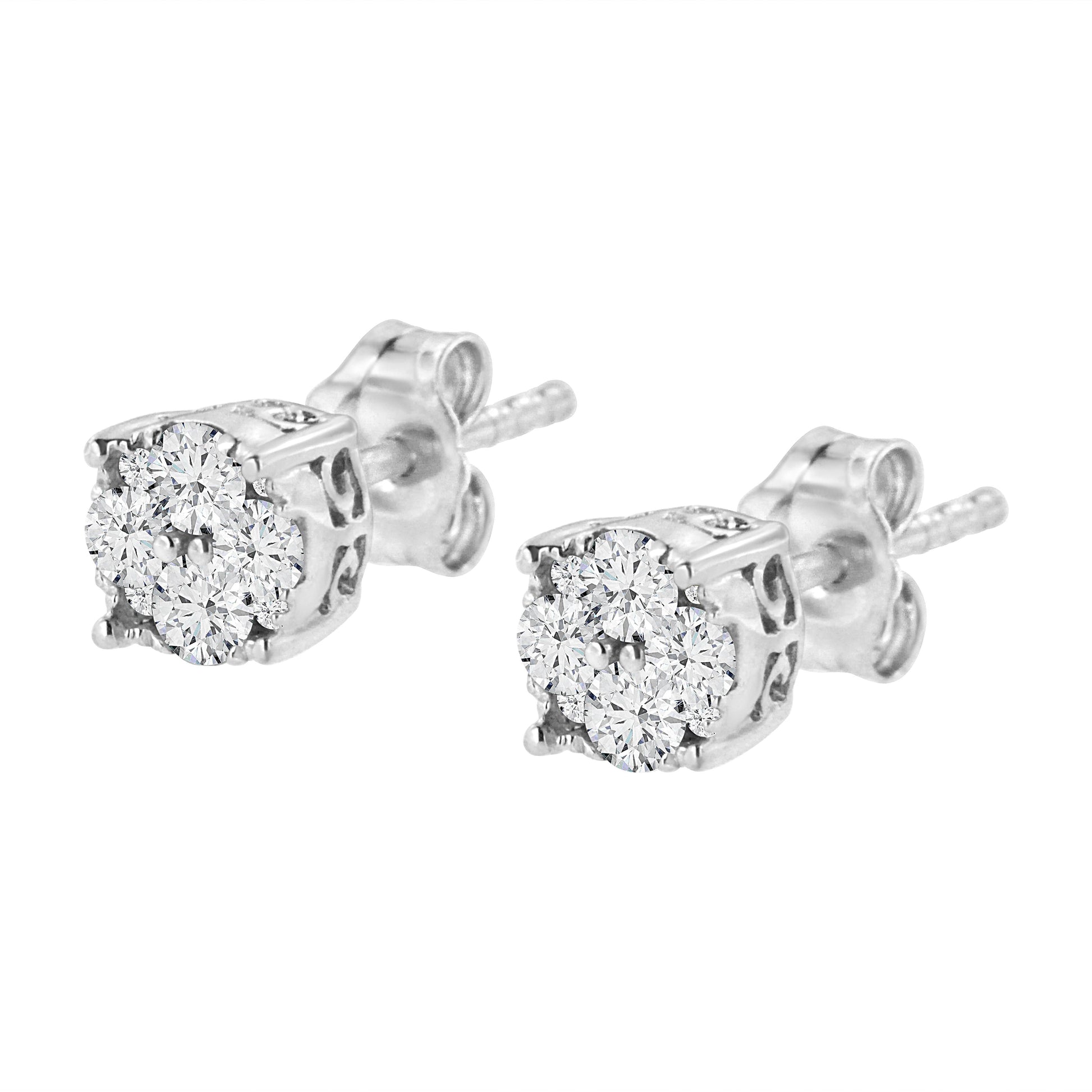 .925 Sterling Silver 1/2 cttw Prong Set Round-Cut Diamond Cluster Stud Earring (I-J Color, I2-I3 Clarity) Bids.com