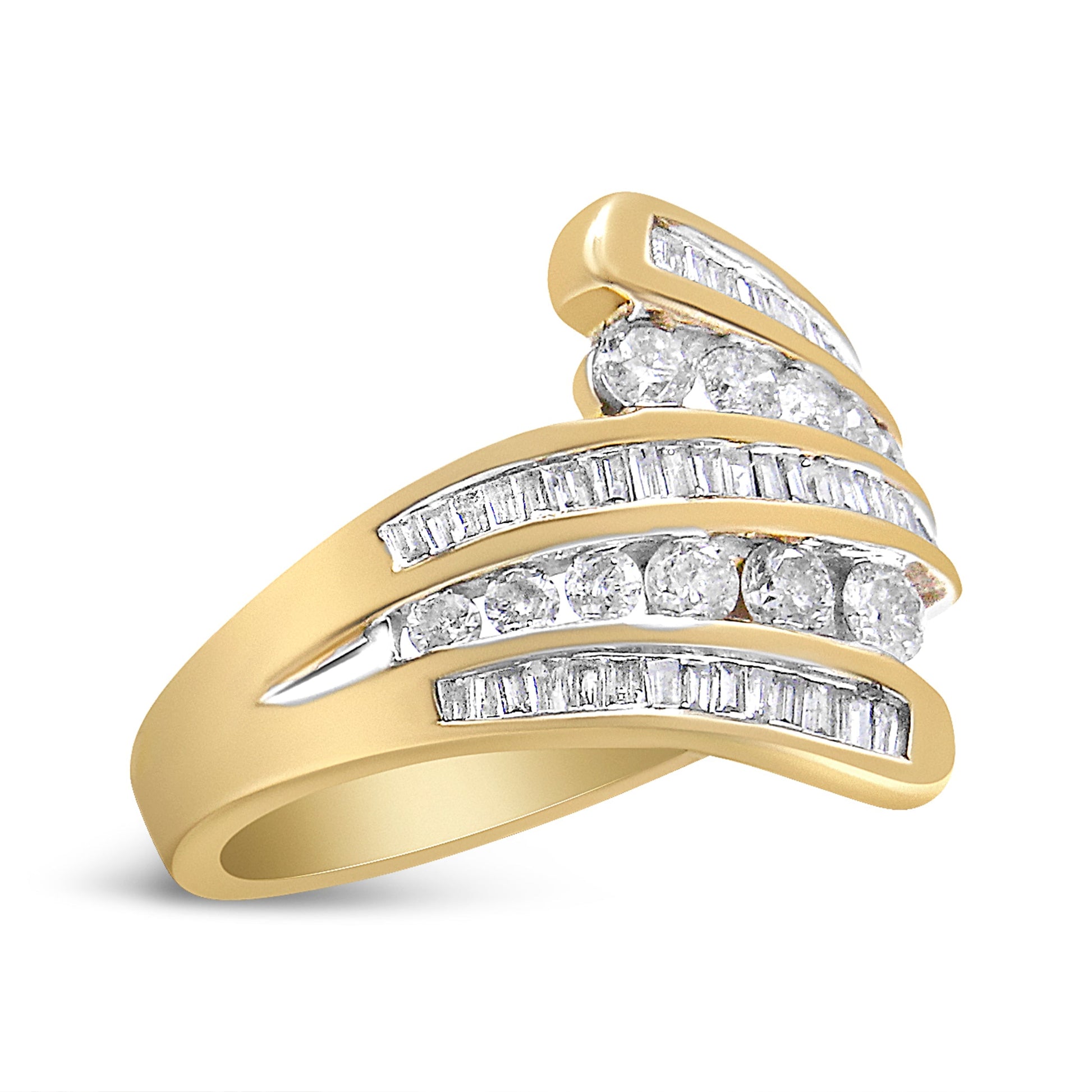 10K Yellow Gold 1 Cttw Round and Baguette-Cut Diamond Multi Row Bypass Ring Band (H-I Color, I1-I2 Clarity) - Ring Size 7 Bids.com