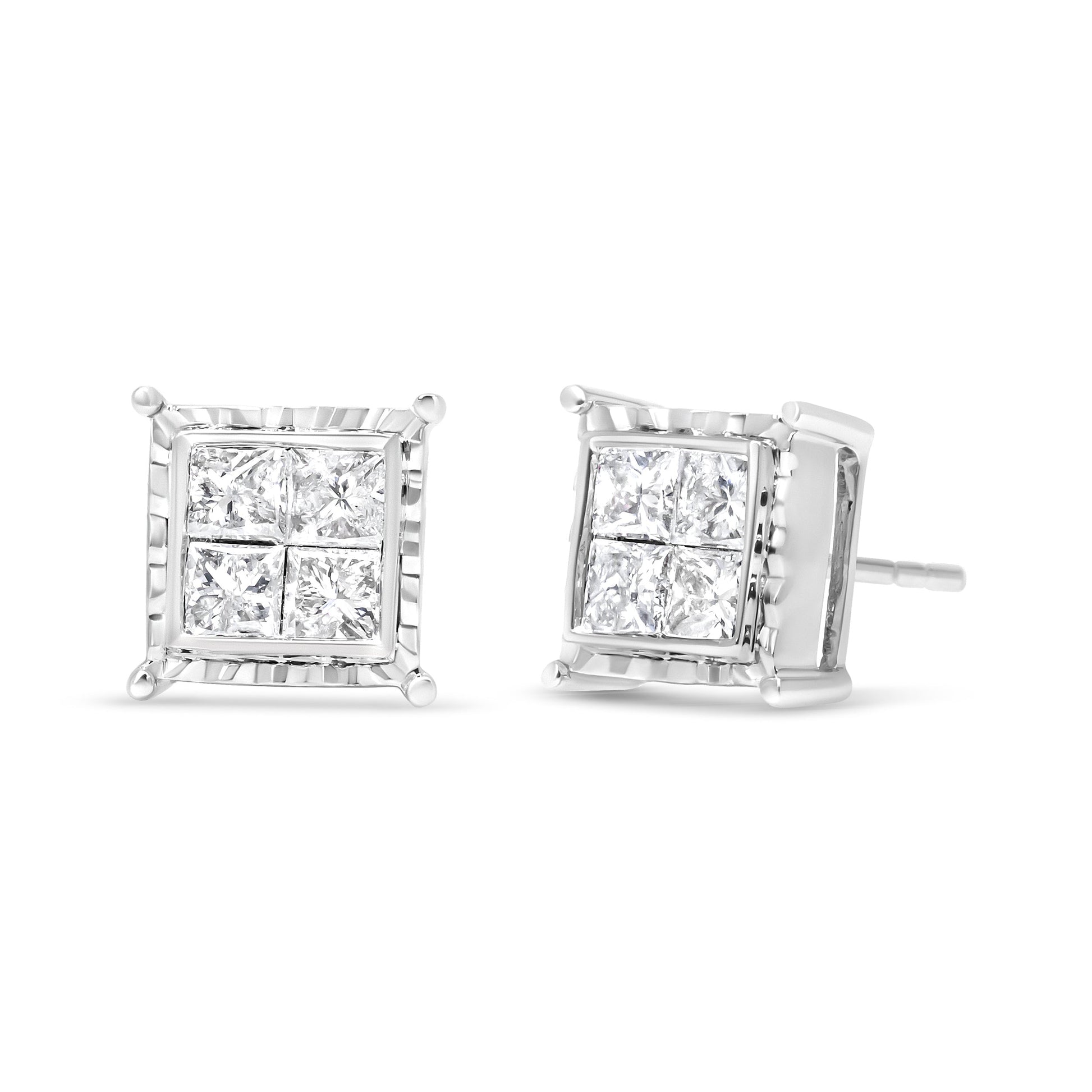 14K White Gold 1 1/2 Cttw Invisible Set Princess-Cut Diamond Contemporary Wavy Quad Stud Earrings (I-J Color, I1-I2 Clarity) Bids.com