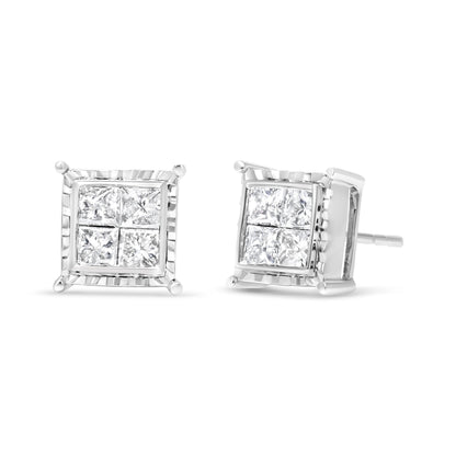 14K White Gold 1 1/2 Cttw Invisible Set Princess-Cut Diamond Contemporary Wavy Quad Stud Earrings (I-J Color, I1-I2 Clarity) Bids.com