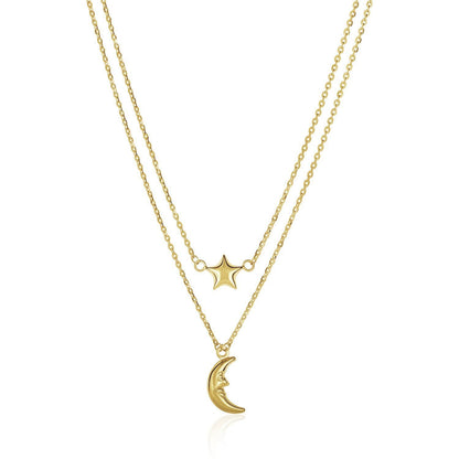 14k Yellow Gold Double-Strand Chain Necklace with Puff Moon and Star Bids.com