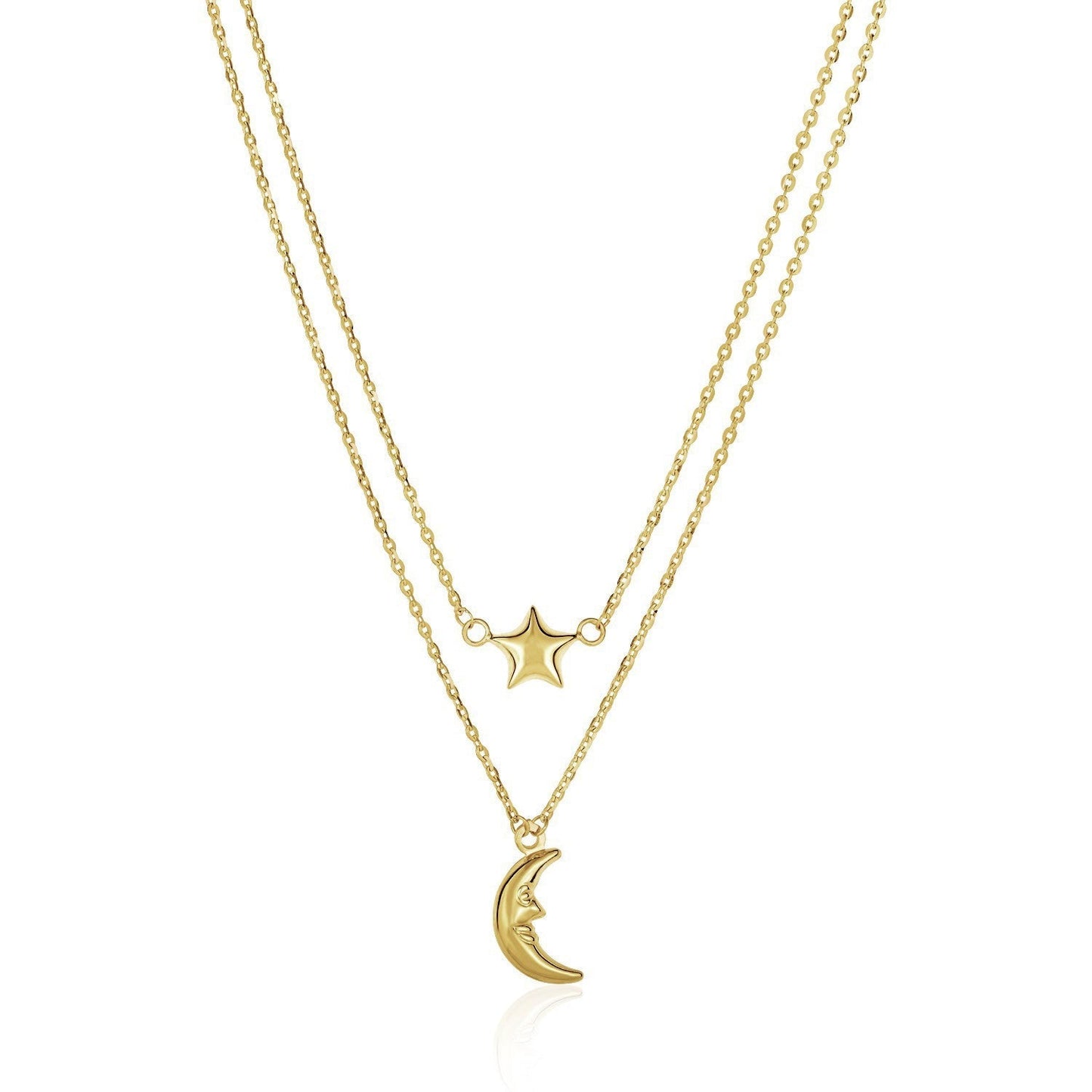14k Yellow Gold Double-Strand Chain Necklace with Puff Moon and Star Bids.com