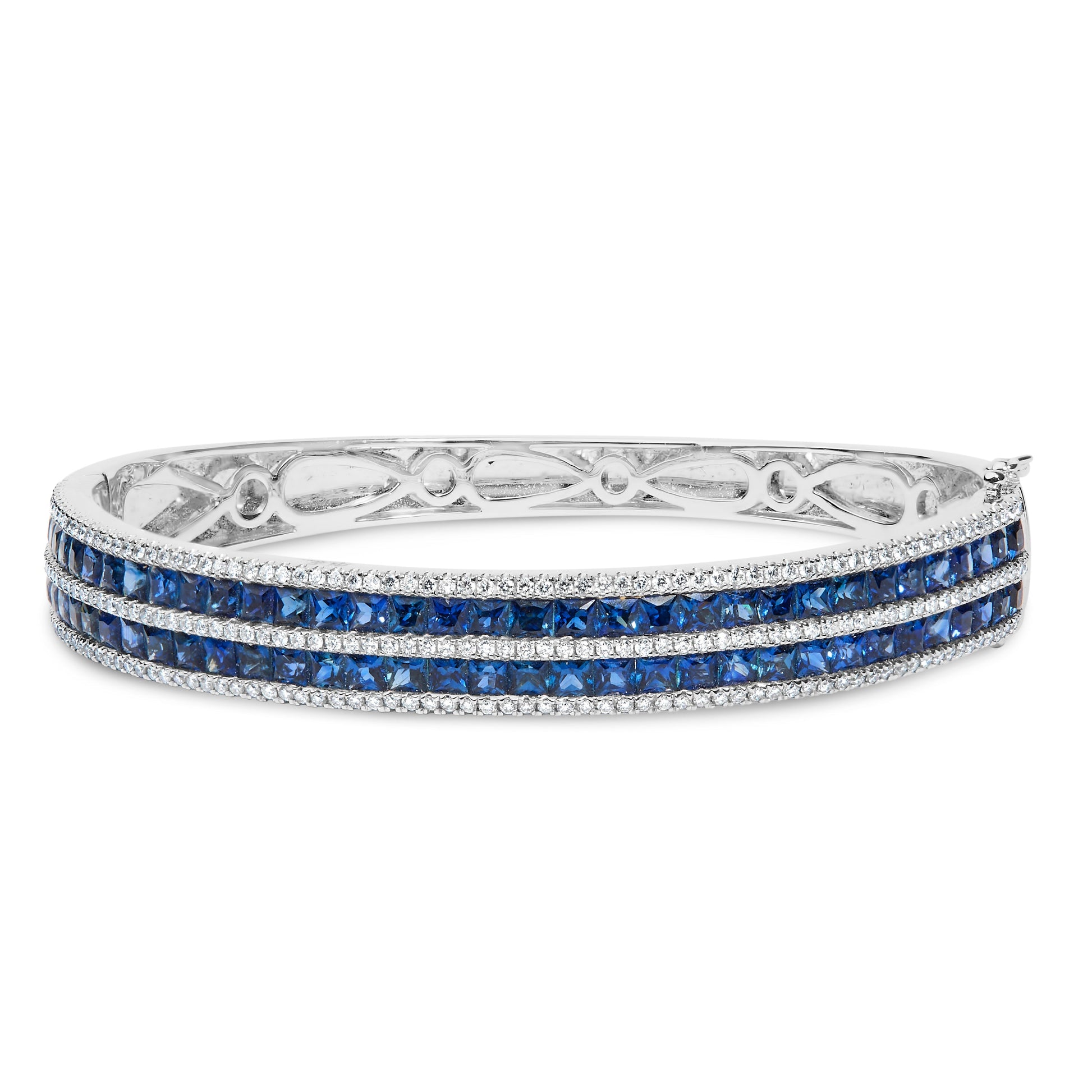 18K White Gold Alternating Diamond and 8.00 Cttw Princess Cut Blue Sapphire Multi Row Bangle Bracelet (G-H Color, VS1-VS2 Clarity) - 7" Inches Bids.com