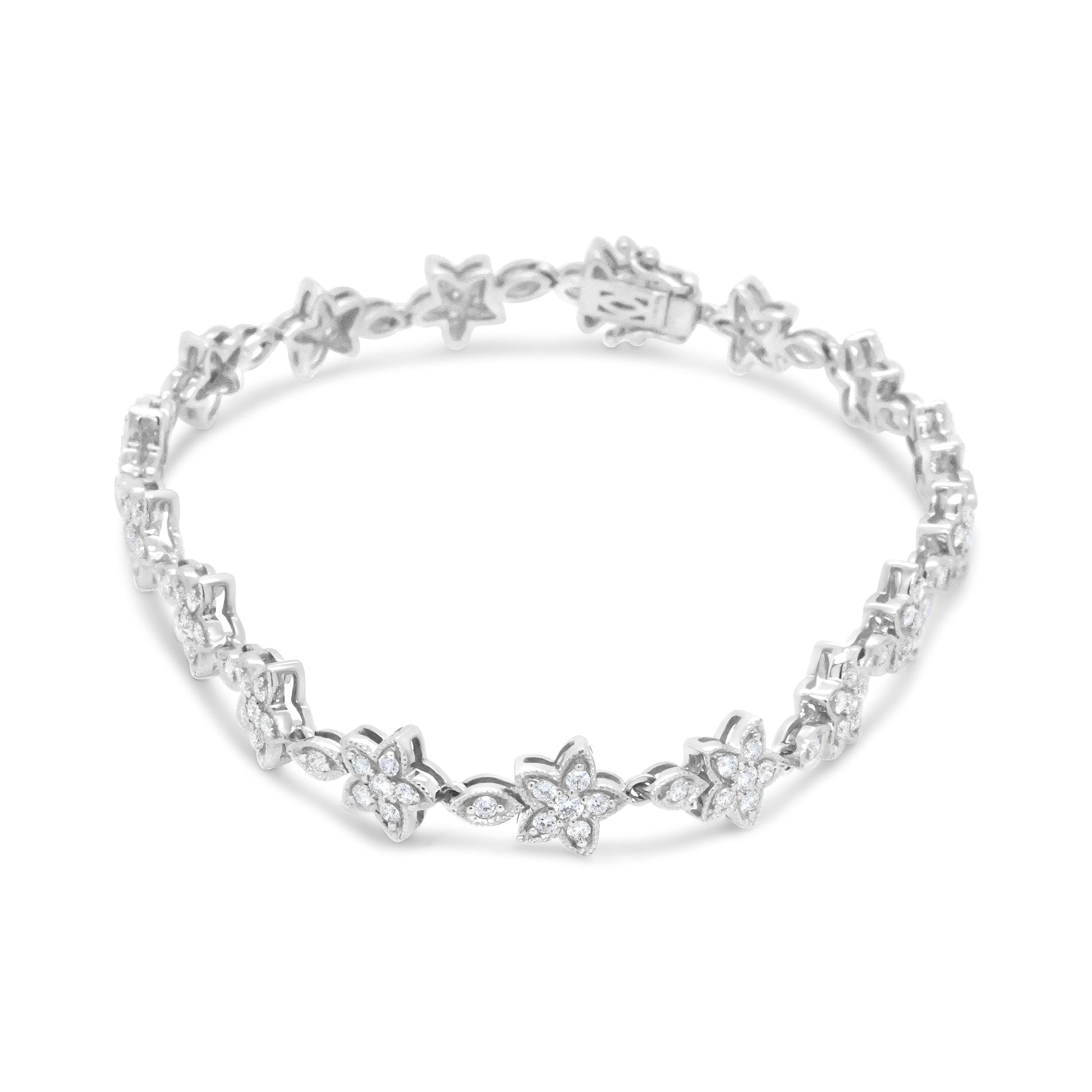 14K White Gold 1 1/5 Cttw Round Diamond Flower Blossom Link Bracelet (H-I Color, SI1-SI2 Clarity) - Size 7" Bids.com