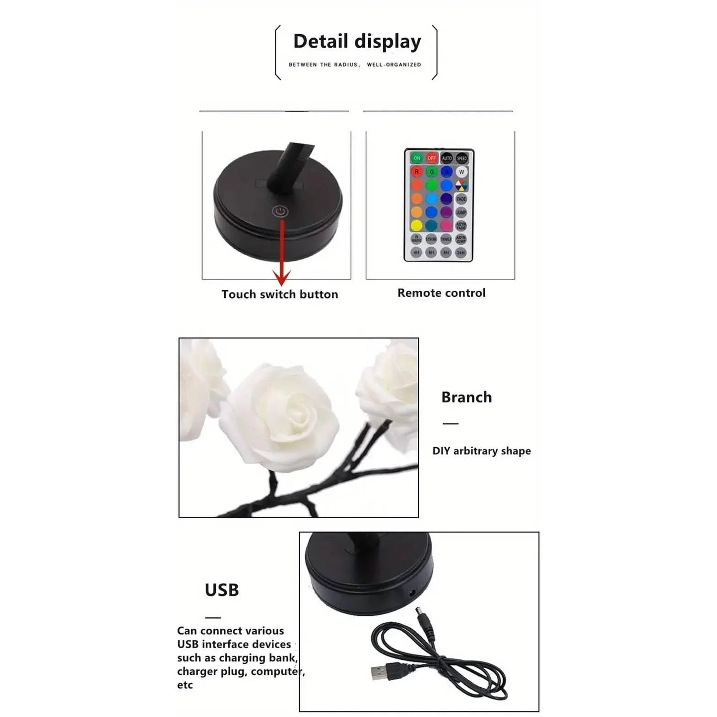 24 LED RGB 16 Colors Rose Tree Night Light Battery And USB Plug Operated Rose Flower Fairy Lights Remote Control DailySale