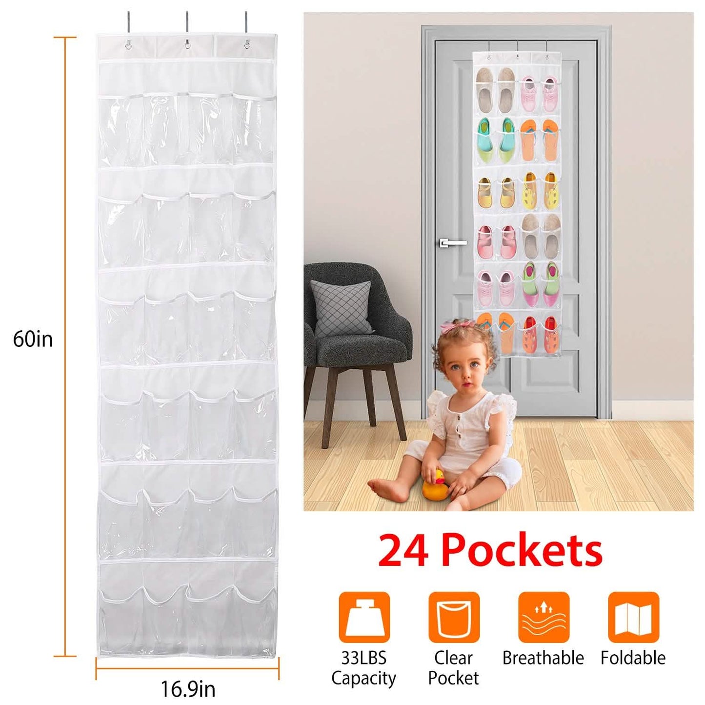 24-Pocket: Over the Door Shoes Rack Crystal Clear Organizer DailySale