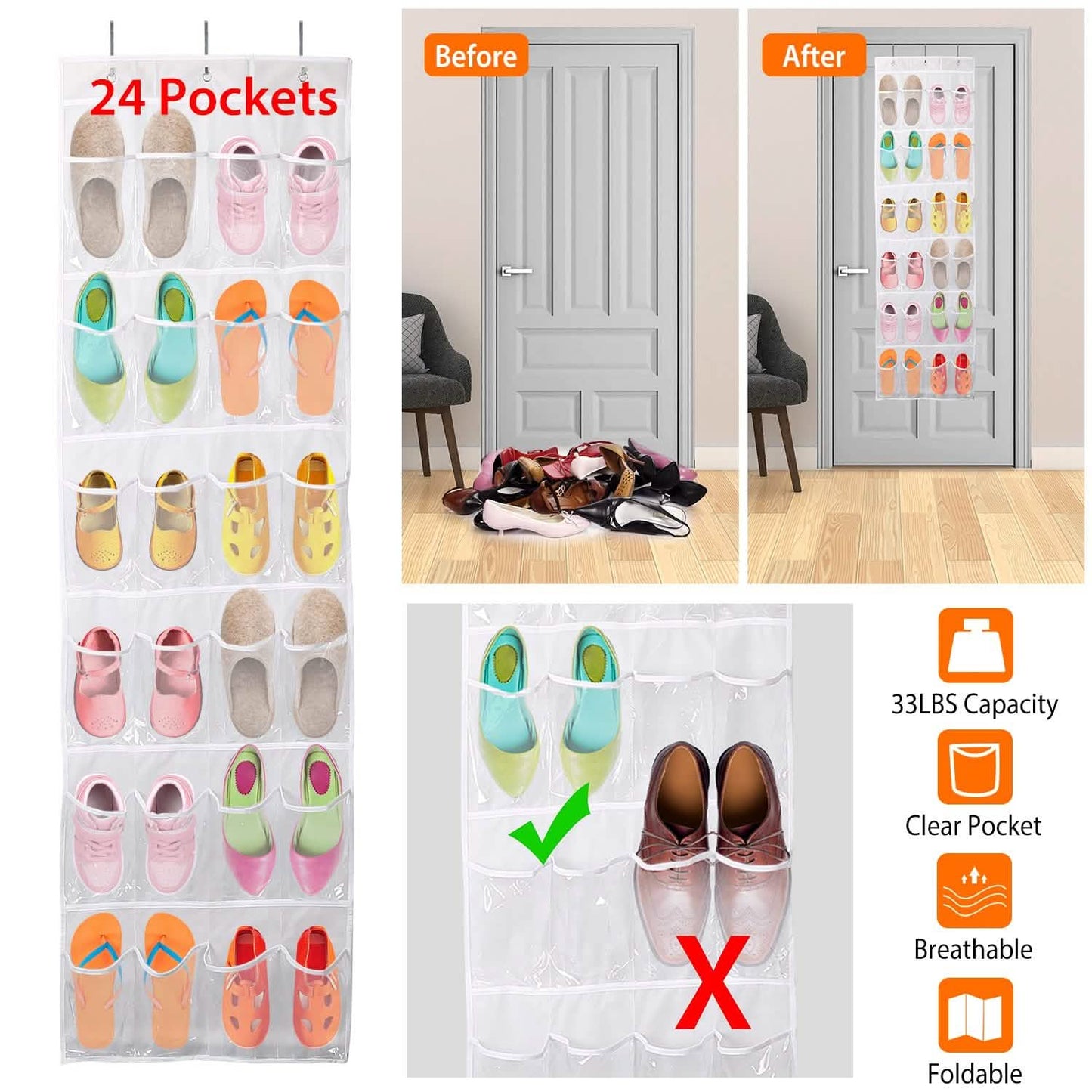 24-Pocket: Over the Door Shoes Rack Crystal Clear Organizer DailySale