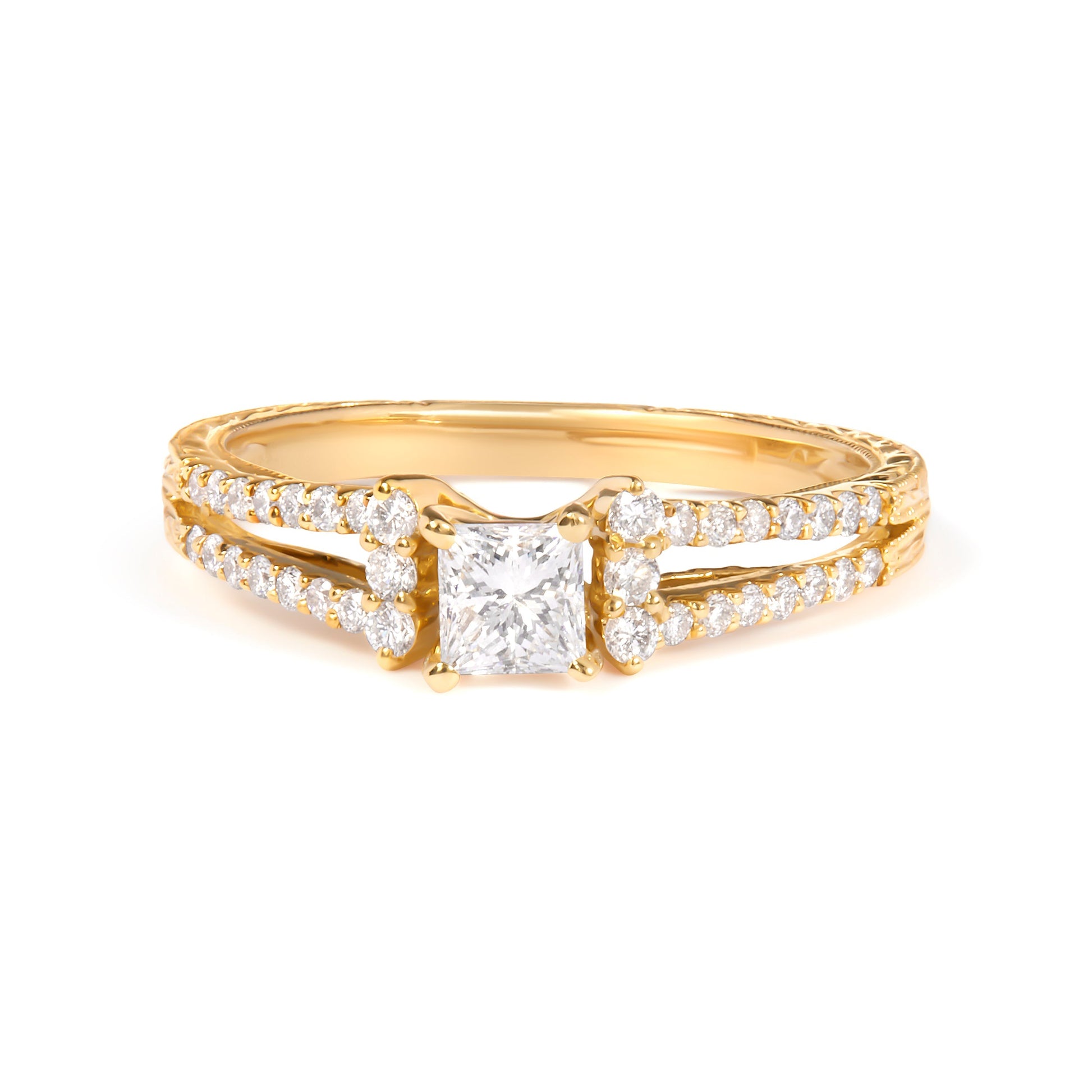 14K Yellow Gold Diamond 5/8 Cttw Princess Diamond Split Shank and Milgrain Engagement Ring (G-H Color, VS2-SI1 Clarity) - Size 7 Bids.com