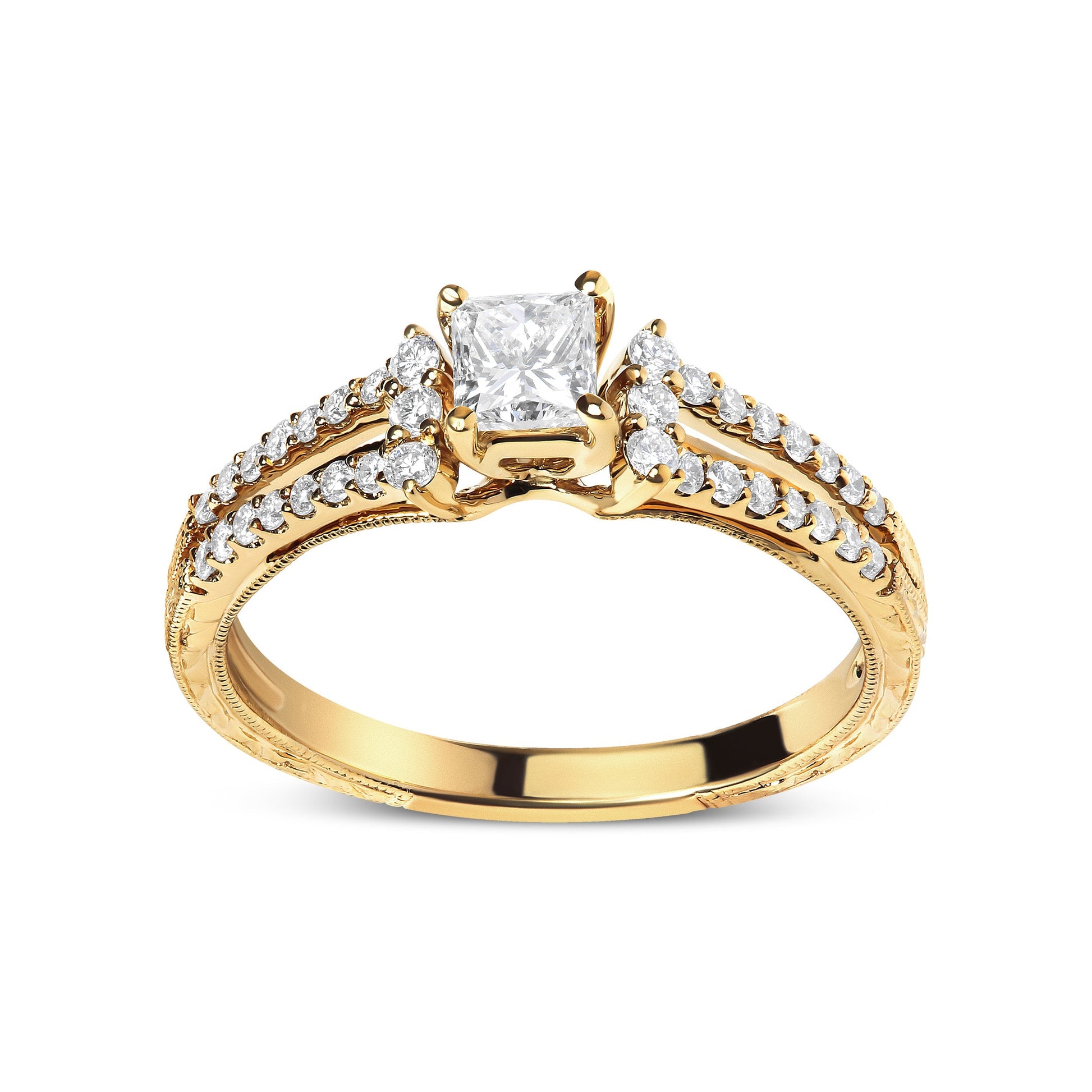 14K Yellow Gold Diamond 5/8 Cttw Princess Diamond Split Shank and Milgrain Engagement Ring (G-H Color, VS2-SI1 Clarity) - Size 7 Bids.com