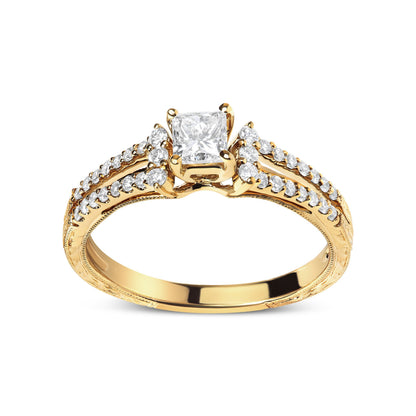 14K Yellow Gold Diamond 5/8 Cttw Princess Diamond Split Shank and Milgrain Engagement Ring (G-H Color, VS2-SI1 Clarity) - Size 7 Bids.com