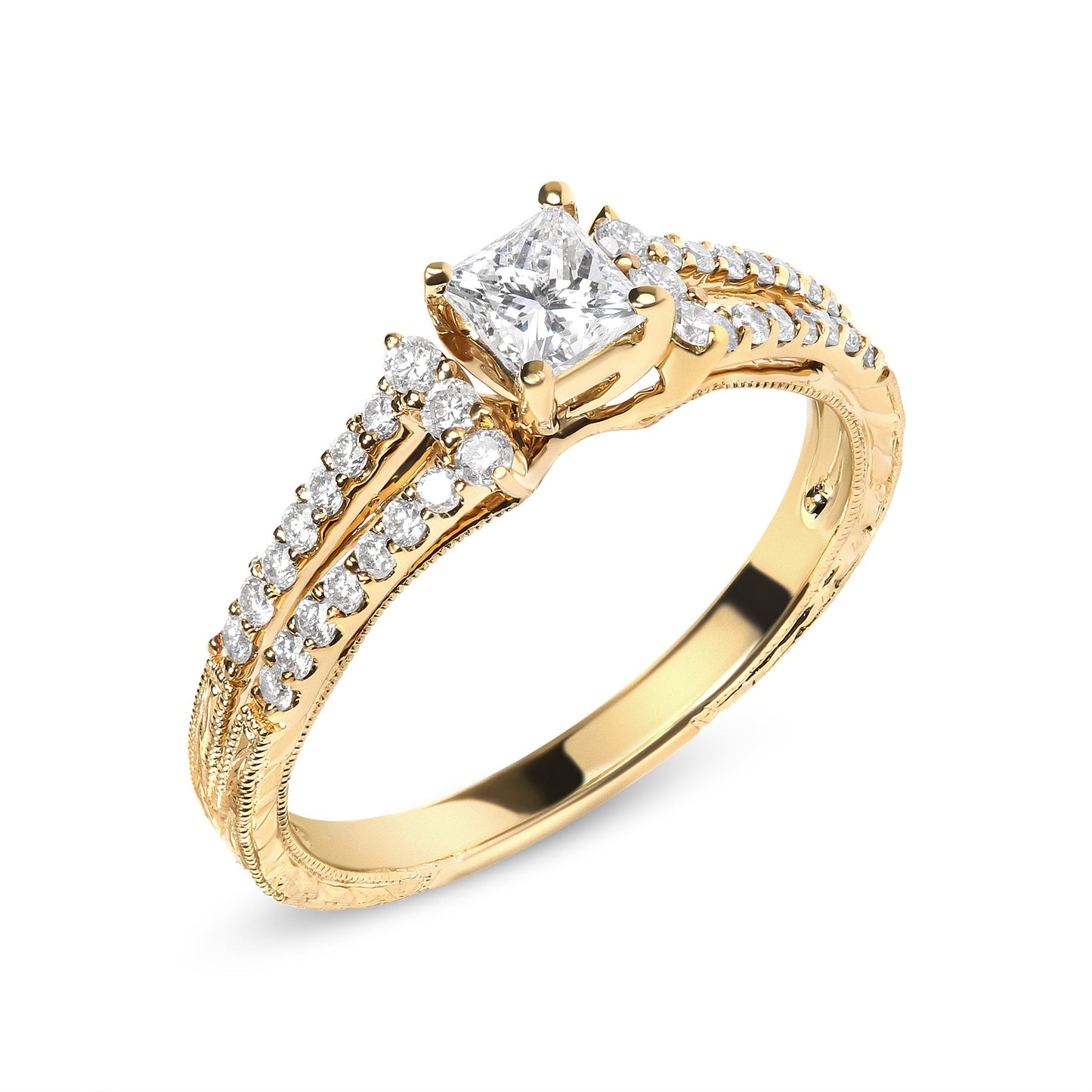 14K Yellow Gold Diamond 5/8 Cttw Princess Diamond Split Shank and Milgrain Engagement Ring (G-H Color, VS2-SI1 Clarity) - Size 7 Bids.com