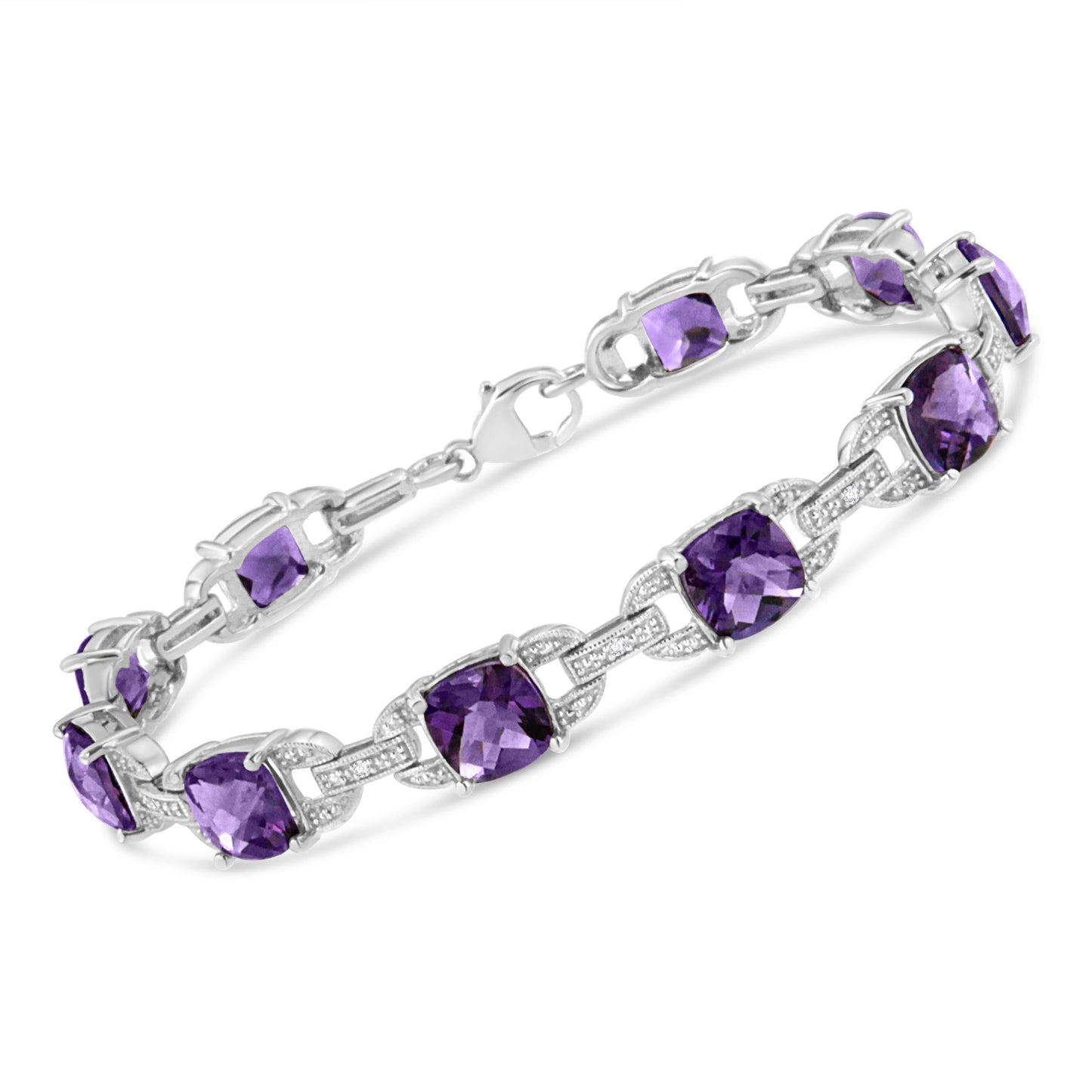 .925 Sterling Silver 7mm Cushion Cut Amethyst Gemstone and Diamond Tennis Link Bracelet (I-J Color, I1-I2 Clarity) - Size 7" Bids.com