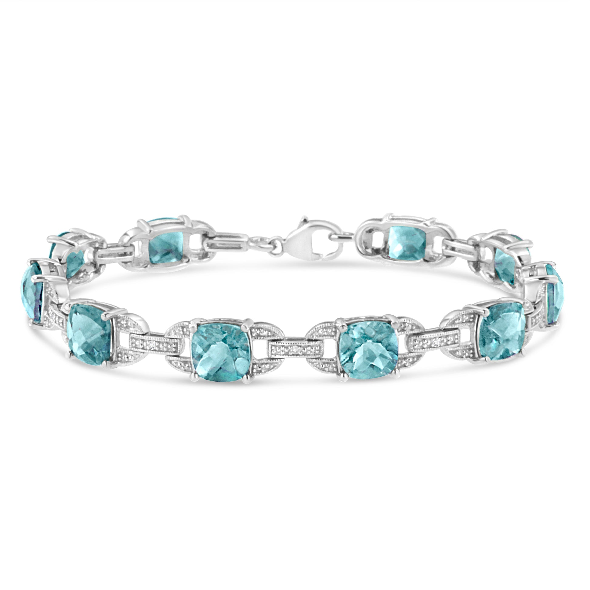 .925 Sterling Silver 7x7 mm Cushion Cut Blue Topaz and 1/20 cttw Round Cut Diamond Fashion Tennis Bracelet (I-J Color, I1-I2 Clarity) - 7" Bids.com