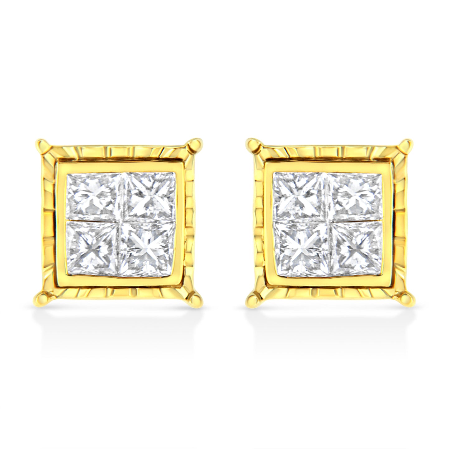 14K Yellow Gold 1.0 Cttw Invisible Set Princess-Cut Diamond Composite 8 Stone Stud Earrings (I-J Color, SI1-SI2 Clarity) Bids.com