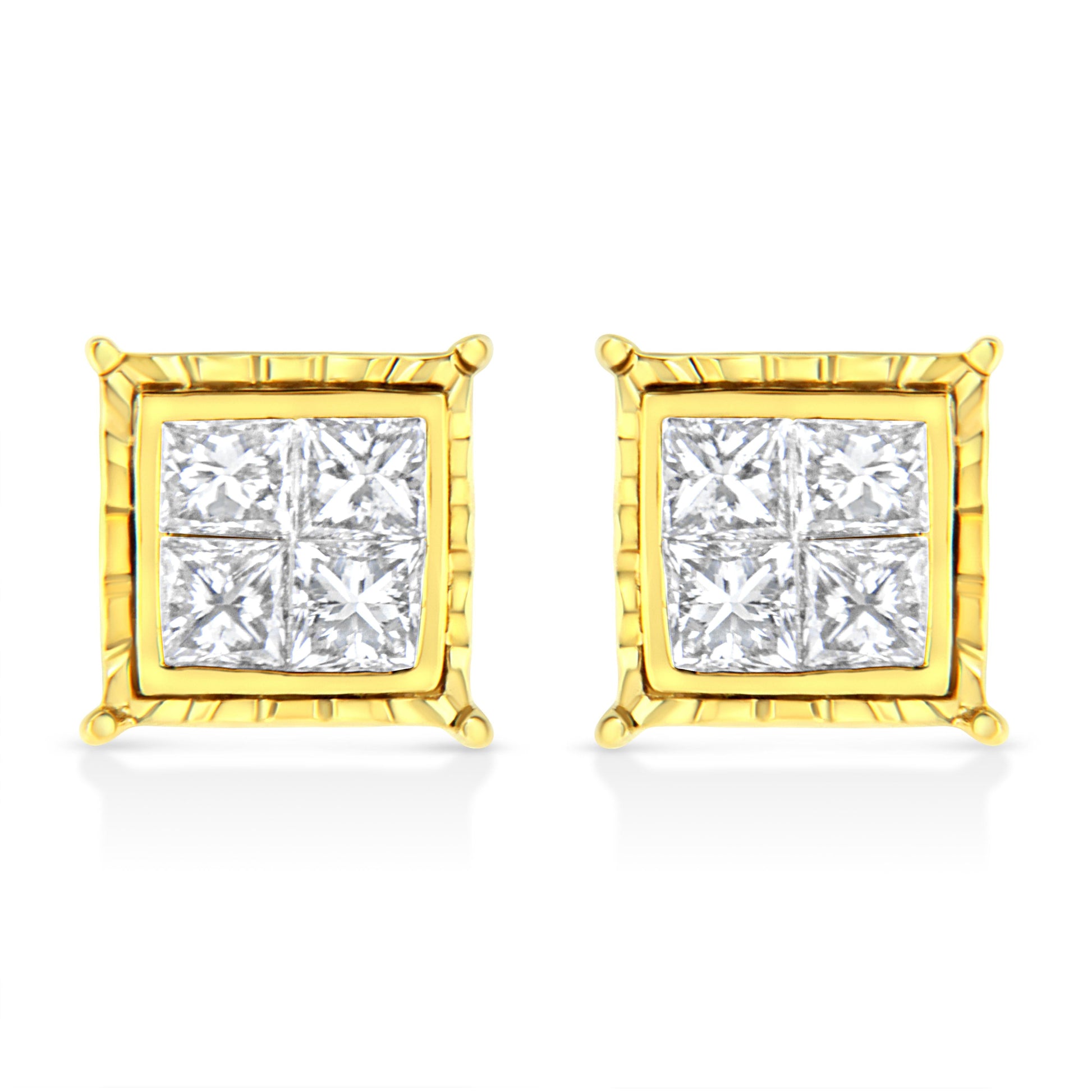 14K Yellow Gold 1.0 Cttw Invisible Set Princess-Cut Diamond Composite 8 Stone Stud Earrings (I-J Color, SI1-SI2 Clarity) Bids.com