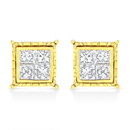 14K Yellow Gold 1.0 Cttw Invisible Set Princess-Cut Diamond Composite 8 Stone Stud Earrings (I-J Color, SI1-SI2 Clarity) Bids.com